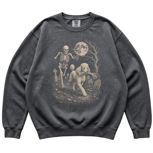 Pepper Skeleton Chase Poodle Comfort Colors sweatshirt, flat view