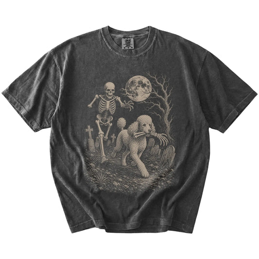 Poodle running from a skeleton on a Pepper Comfort Colors® T-shirt