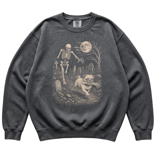 Pepper Skeleton Chase Pug Comfort Colors sweatshirt, flat view