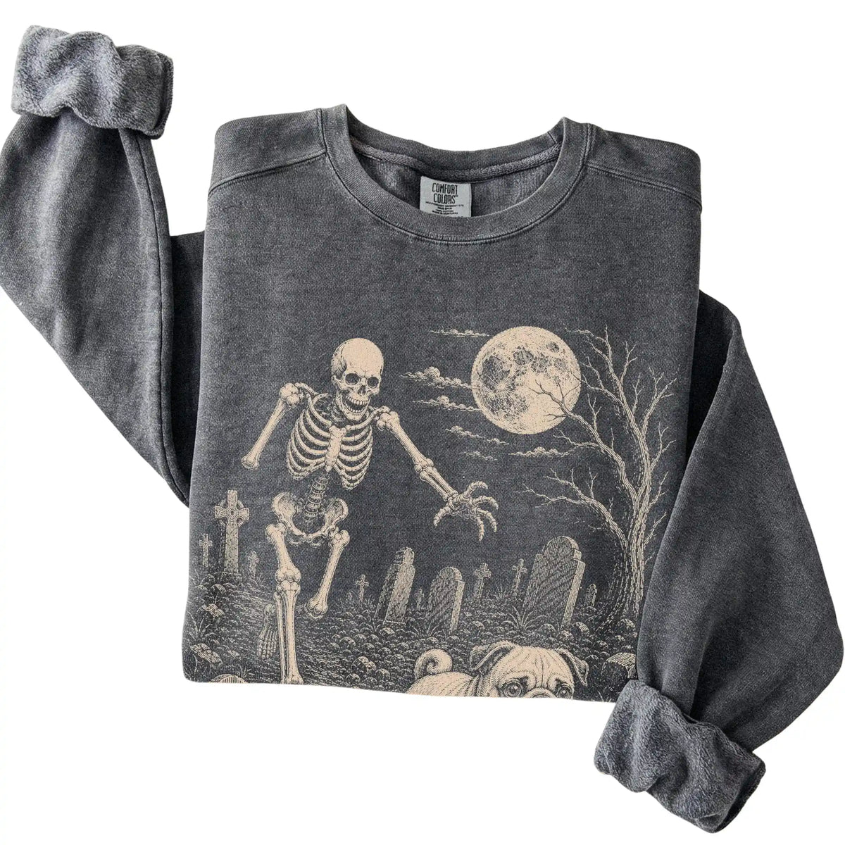 Pepper Skeleton Chase Pug Comfort Colors sweatshirt, folded view