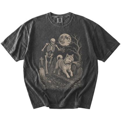 Shiba Inu running from a skeleton on a Pepper Comfort Colors® T-shirt