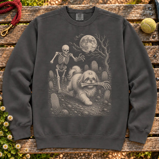 Shih Tzu Skeleton Chase on a Pepper crewneck sweatshirt, shown flat