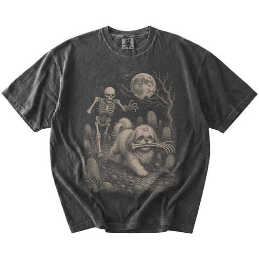 Shih Tzu running from a skeleton on a Pepper Comfort Colors® T-shirt
