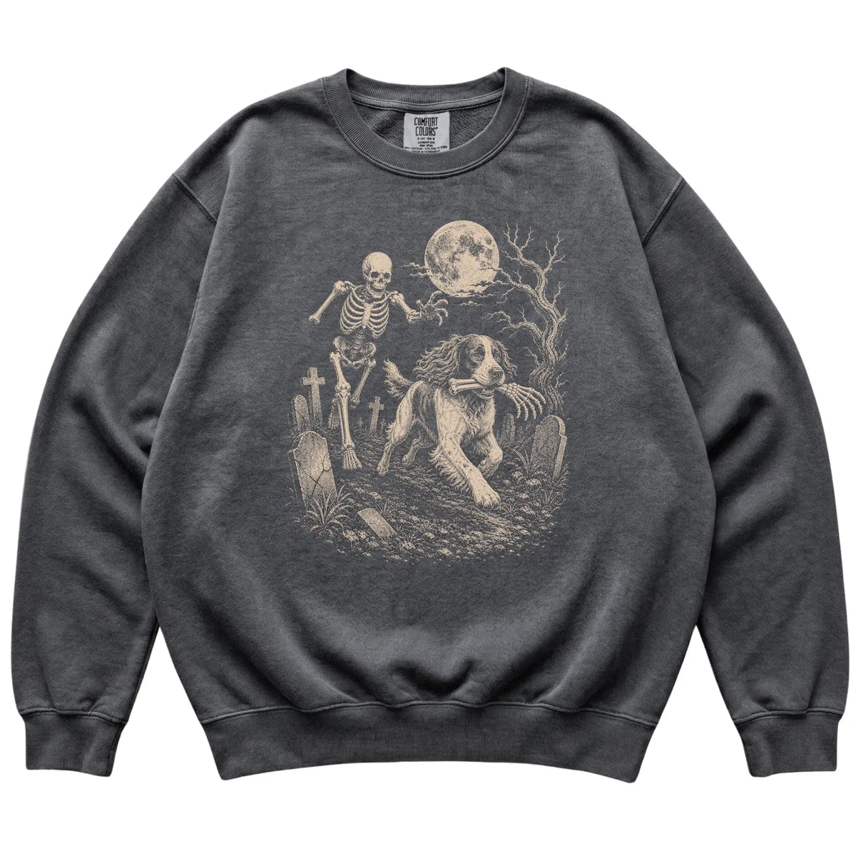 Pepper Skeleton Chase Springer Spaniel Comfort Colors sweatshirt, flat view