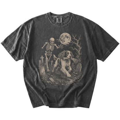 Springer Spaniel running from a skeleton on a Pepper Comfort Colors® T-shirt