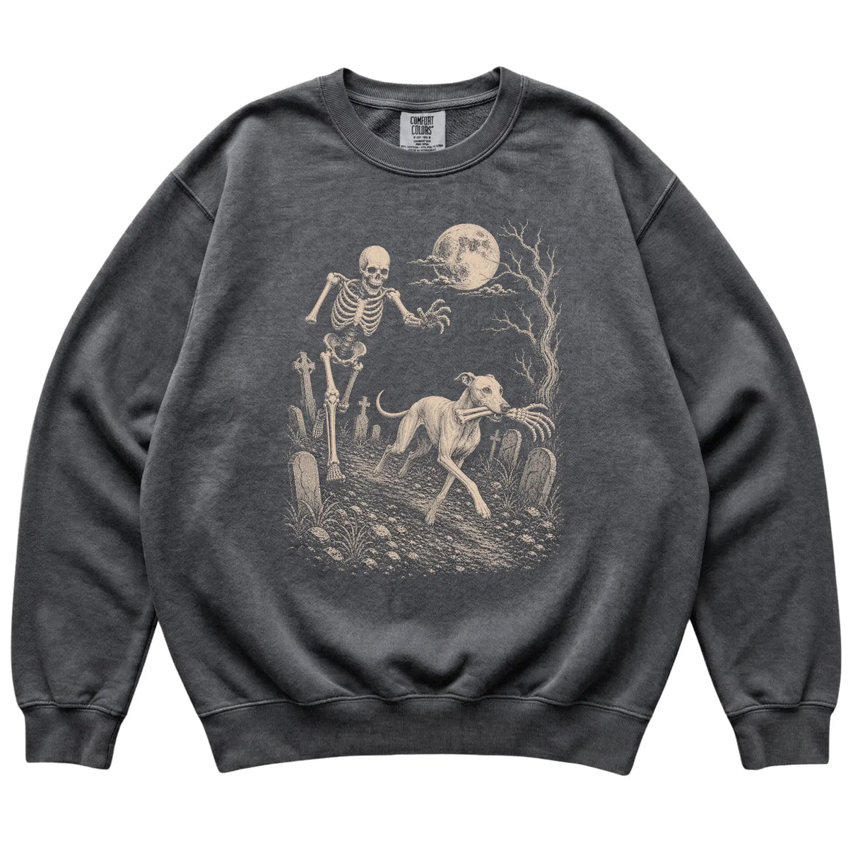 Pepper Skeleton Chase Whippet Comfort Colors sweatshirt, flat view