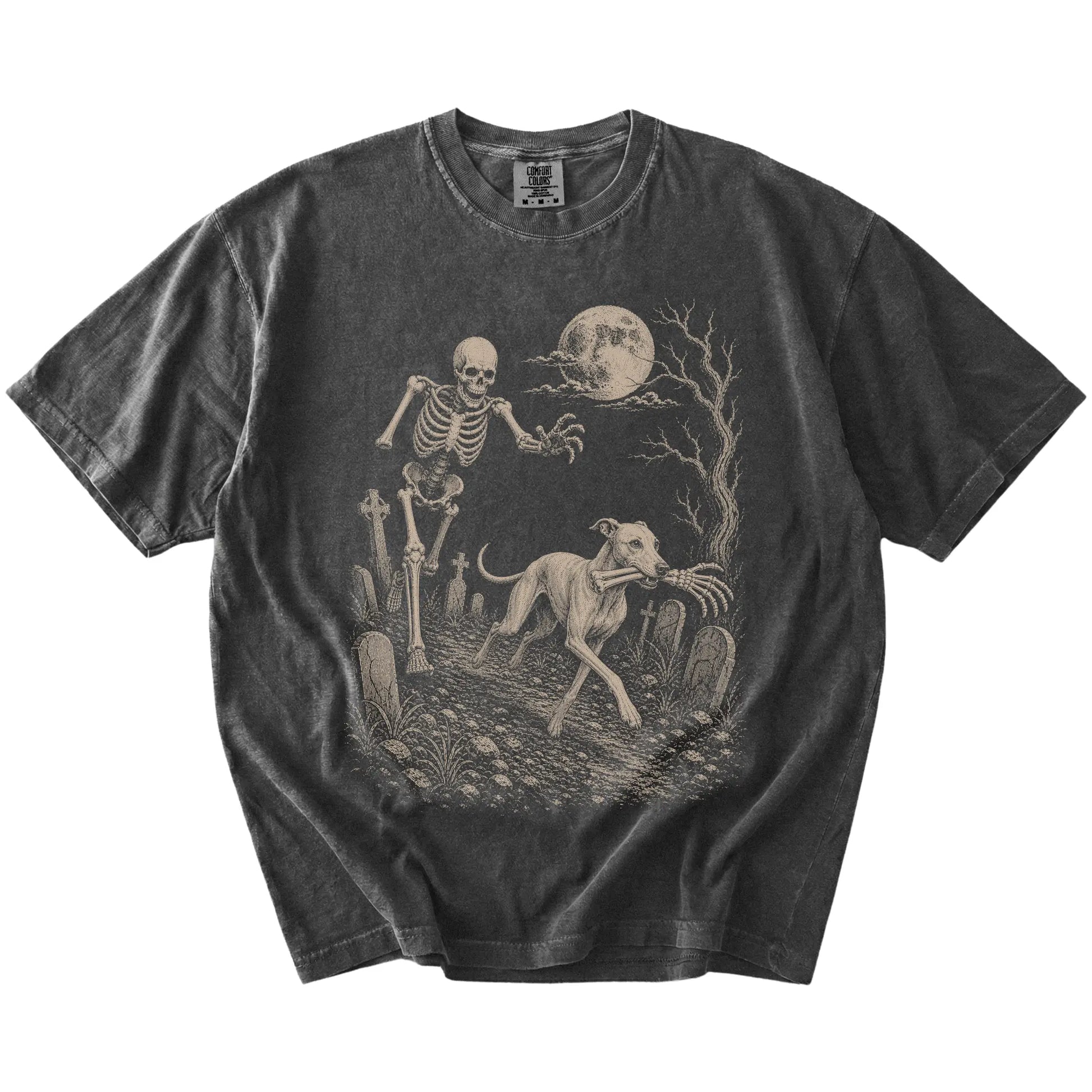 Whippet running from a skeleton on a Pepper Comfort Colors® T-shirt