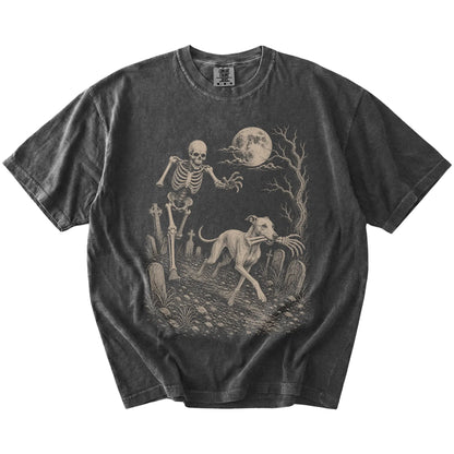 Whippet running from a skeleton on a Pepper Comfort Colors® T-shirt