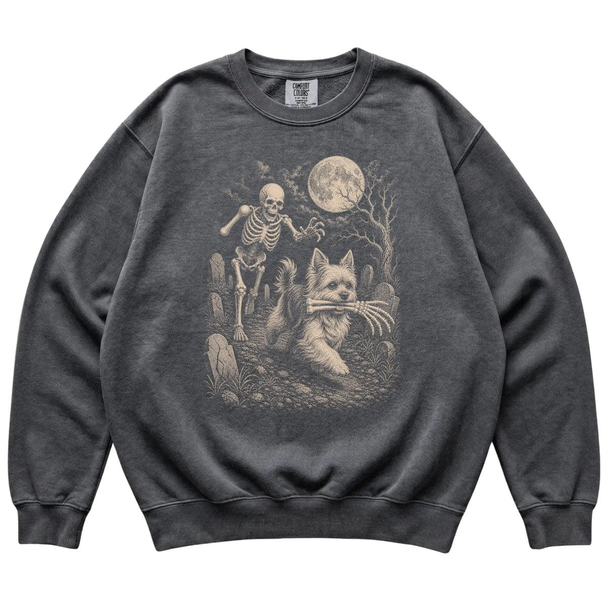 Pepper Skeleton Chase Yorkie Comfort Colors sweatshirt, flat view