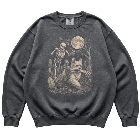 Pepper Skeleton Chase Yorkie Comfort Colors sweatshirt, flat view