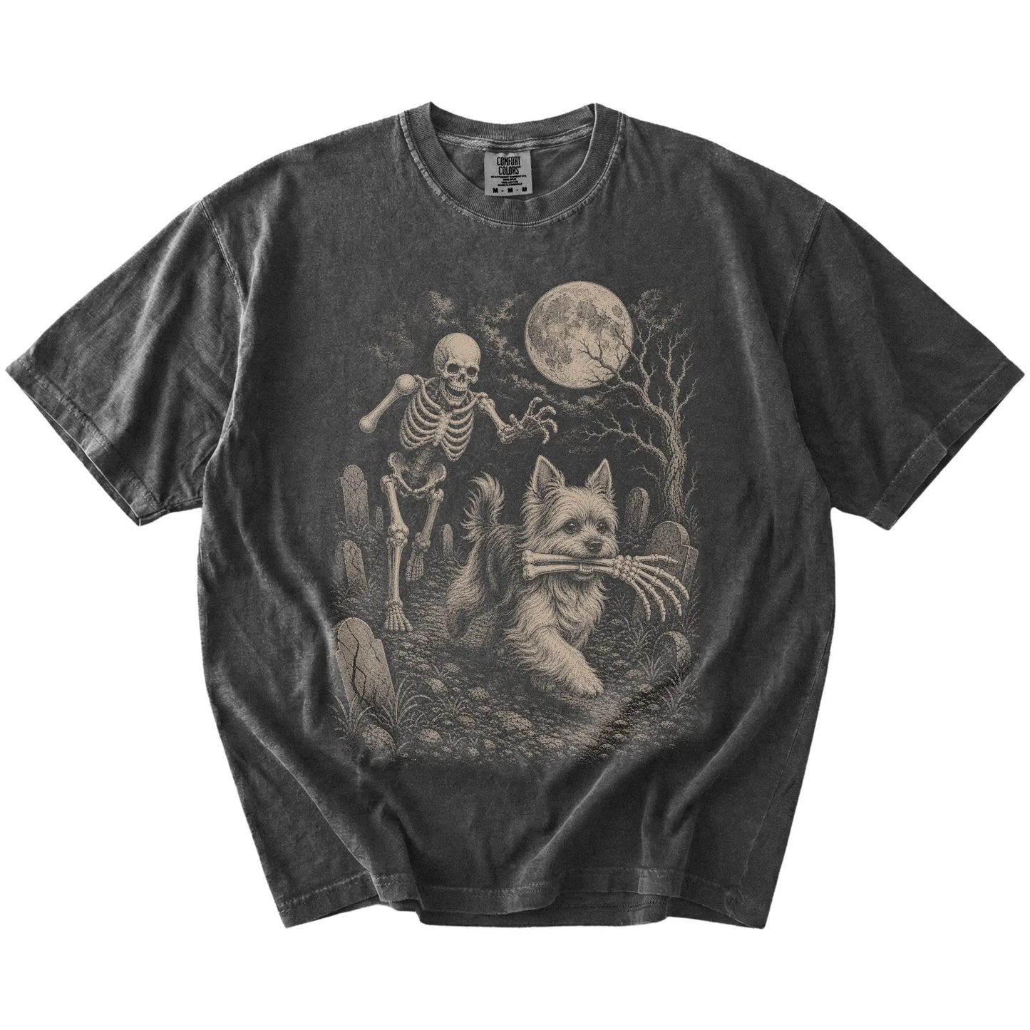 Yorkie running from a skeleton on a Pepper Comfort Colors® T-shirt