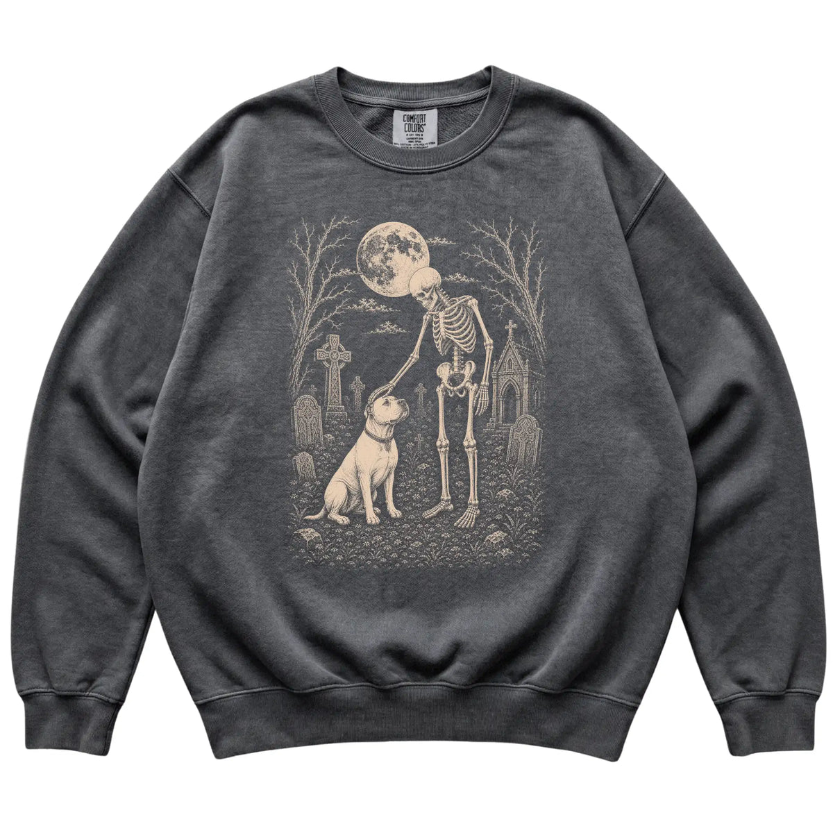 Skeleton petting an American Bulldog in a graveyard on a Pepper sweatshirt