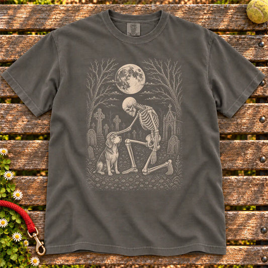 Beagle sharing a quiet cemetery moment with a friendly skeleton on a Pepper Comfort Colors® T-shirt