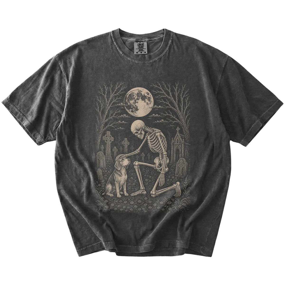 Beagle sharing a quiet cemetery moment with a friendly skeleton on a Pepper Comfort Colors® T-shirt
