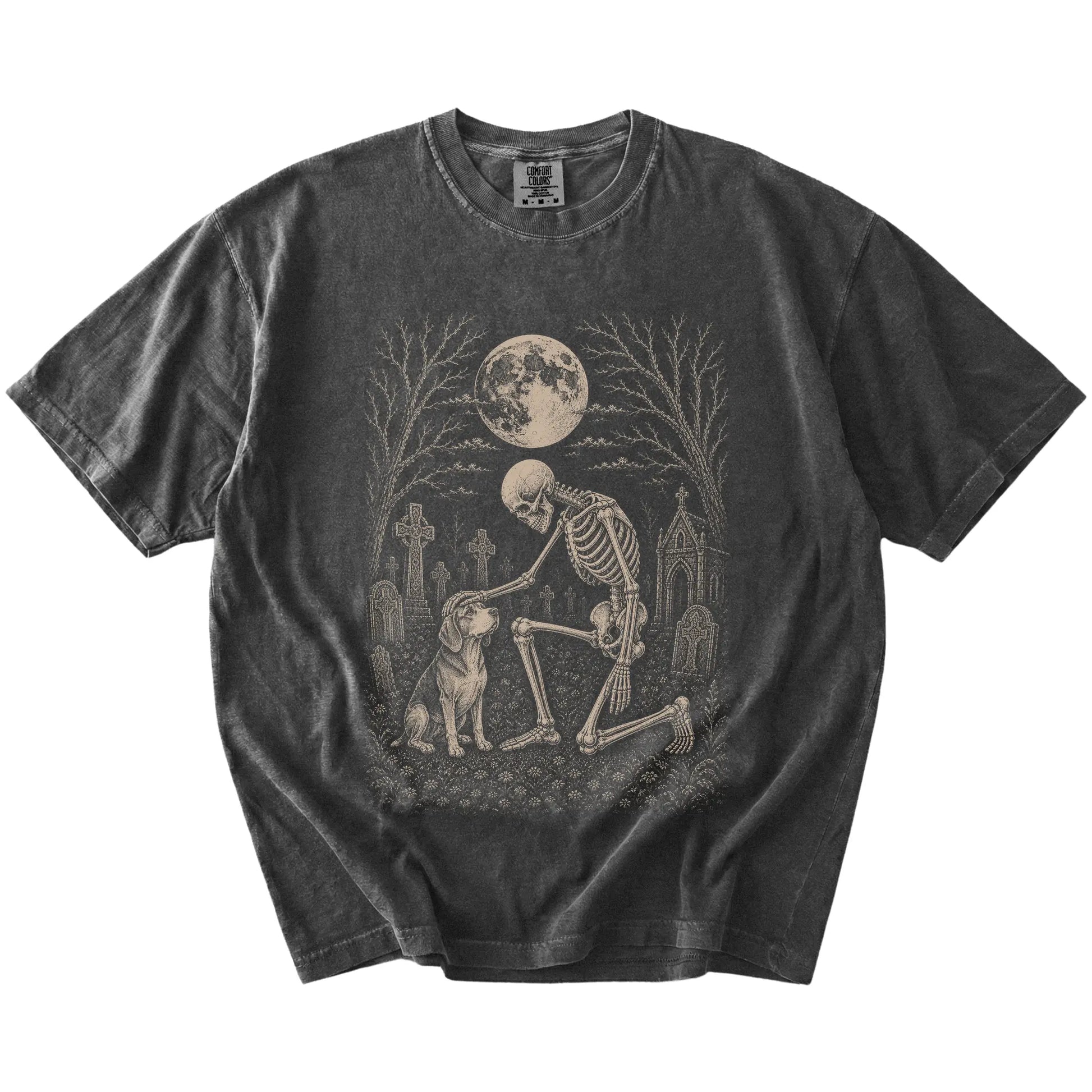 Beagle sharing a quiet cemetery moment with a friendly skeleton on a Pepper Comfort Colors® T-shirt