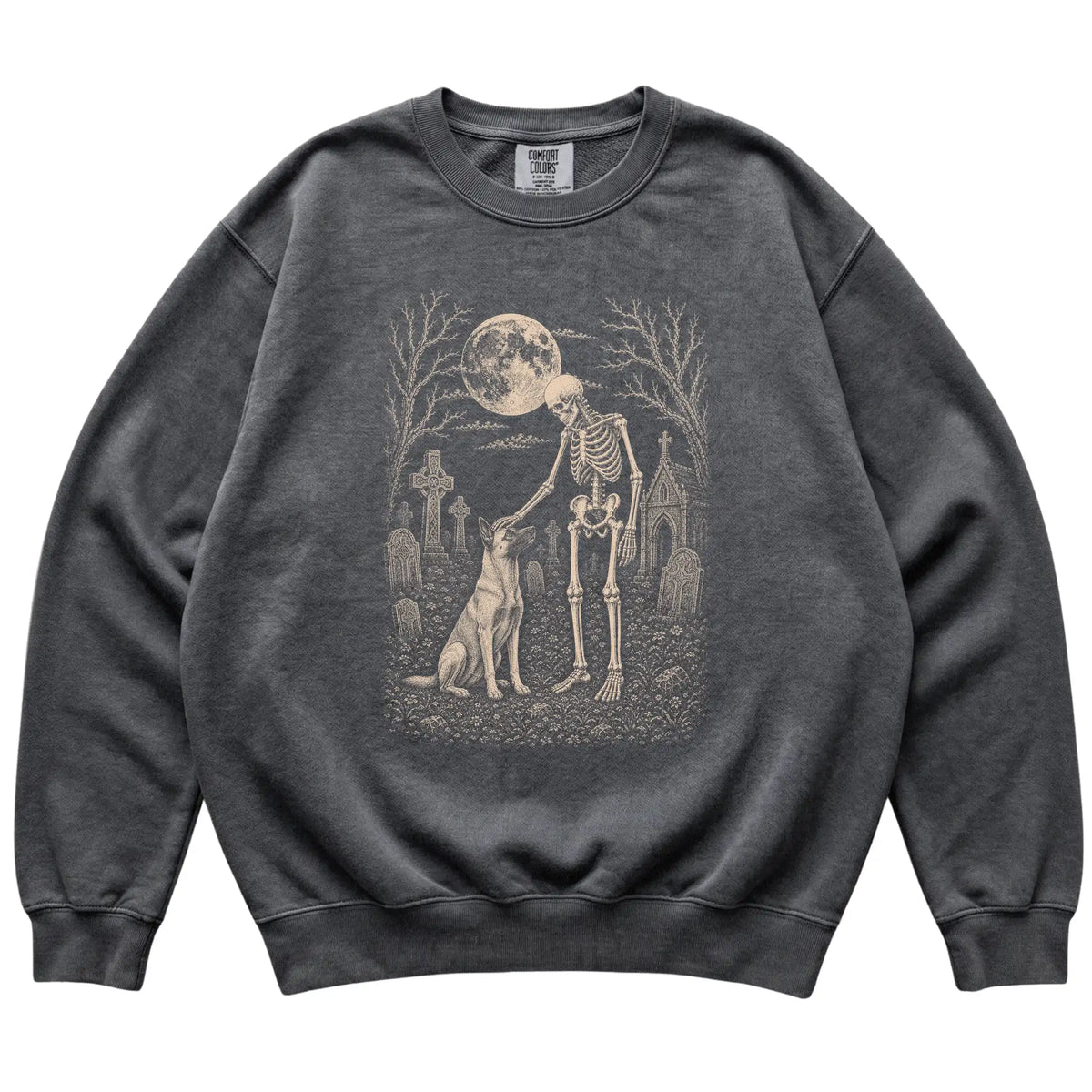 Skeleton petting a Belgian Malinois in a graveyard on a Pepper sweatshirt