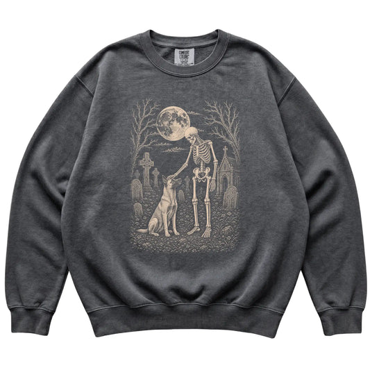 Skeleton petting a Belgian Malinois in a graveyard on a Pepper sweatshirt