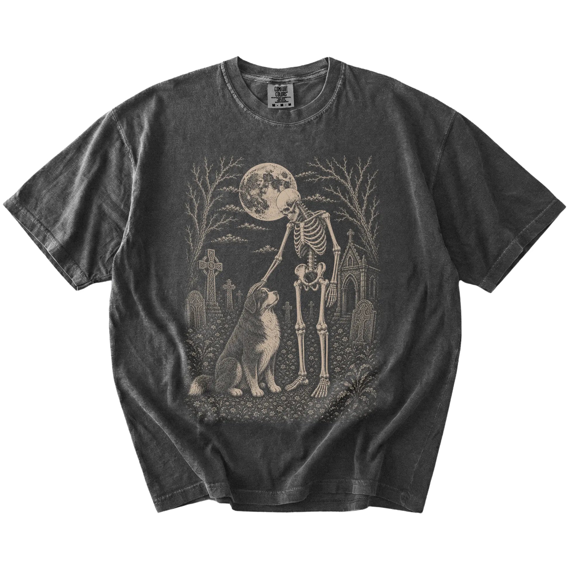 Bernese Mountain Dog sharing a quiet cemetery moment with a friendly skeleton on a Pepper Comfort Colors® T-shirt