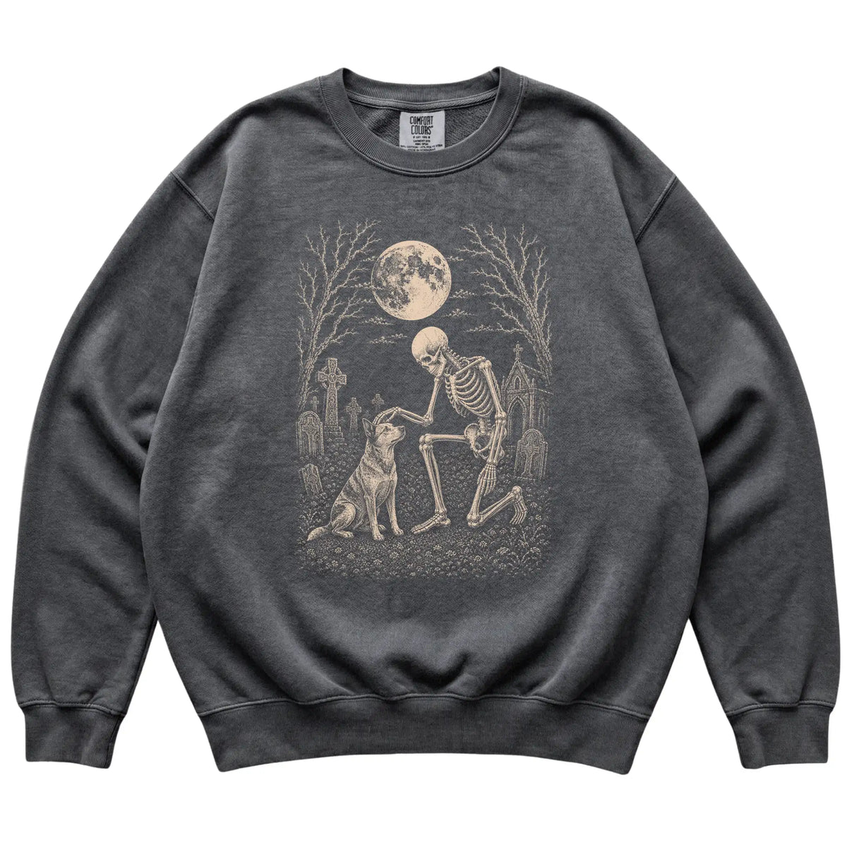 Skeleton petting a Blue Heeler in a graveyard on a Pepper sweatshirt