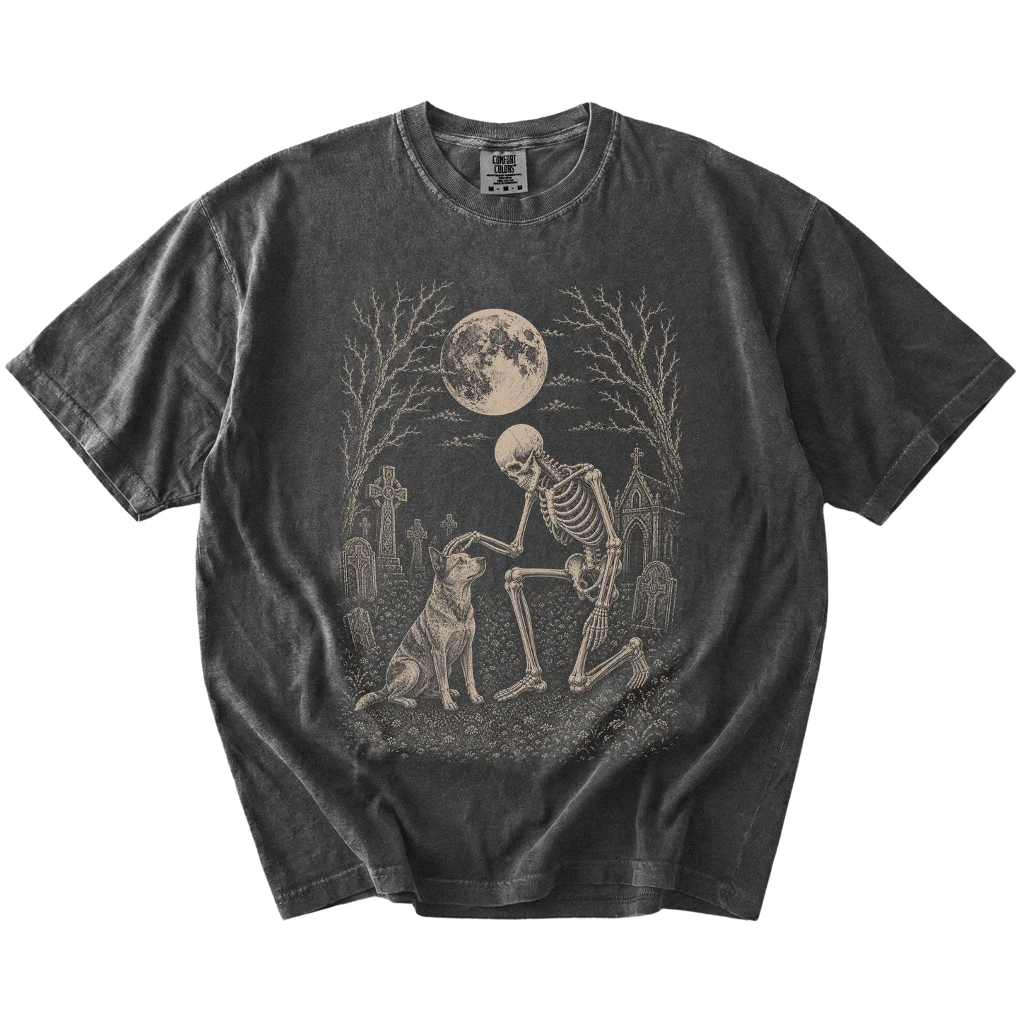 Blue Heeler sharing a quiet cemetery moment with a friendly skeleton on a Pepper Comfort Colors® T-shirt