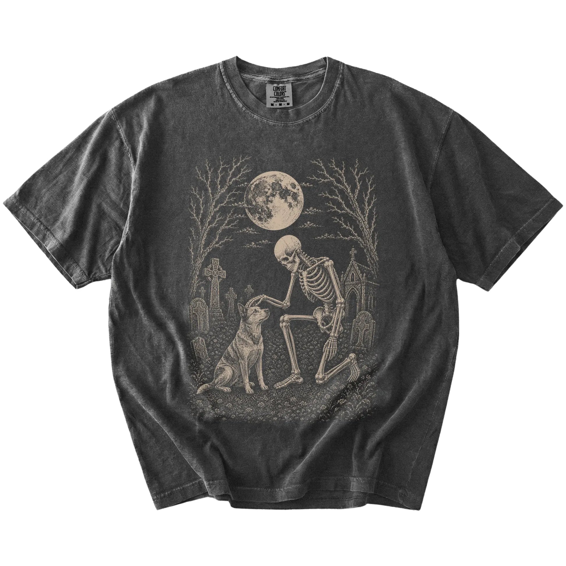 Blue Heeler sharing a quiet cemetery moment with a friendly skeleton on a Pepper Comfort Colors® T-shirt