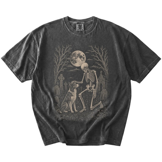 Border Collie sharing a quiet cemetery moment with a friendly skeleton on a Pepper Comfort Colors® T-shirt