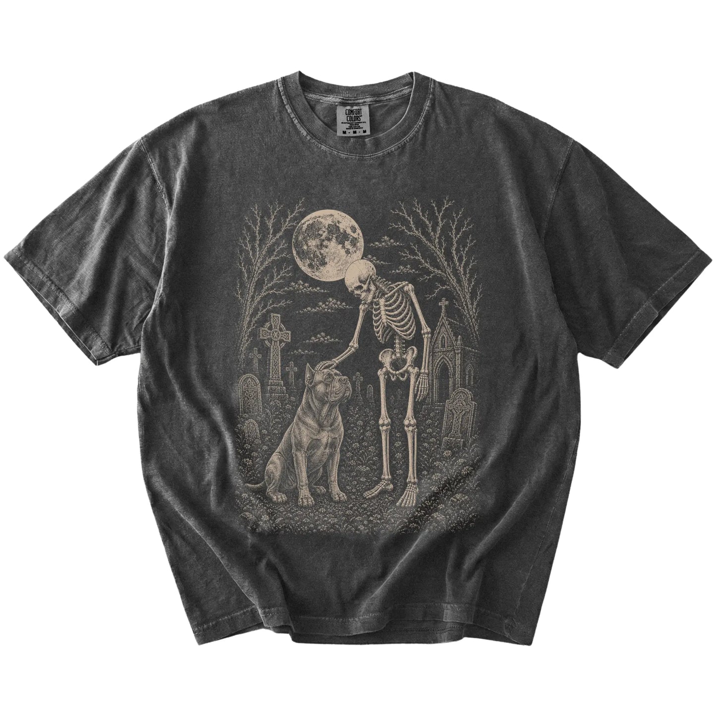 Cane Corso sharing a quiet cemetery moment with a friendly skeleton on a Pepper Comfort Colors® T-shirt