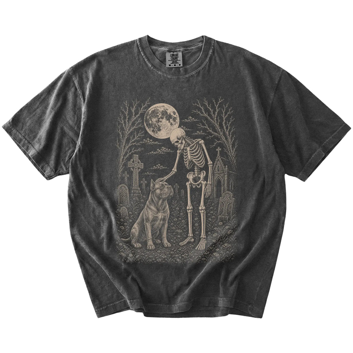 Cane Corso sharing a quiet cemetery moment with a friendly skeleton on a Pepper Comfort Colors® T-shirt