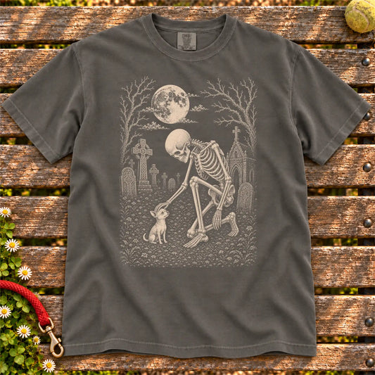 Chihuahua sharing a quiet cemetery moment with a friendly skeleton on a Pepper Comfort Colors® T-shirt