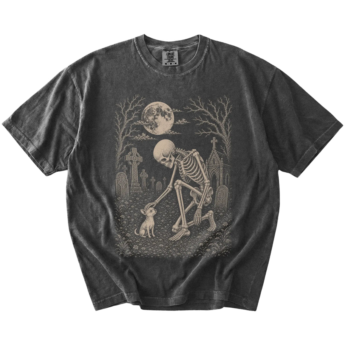 Chihuahua sharing a quiet cemetery moment with a friendly skeleton on a Pepper Comfort Colors® T-shirt