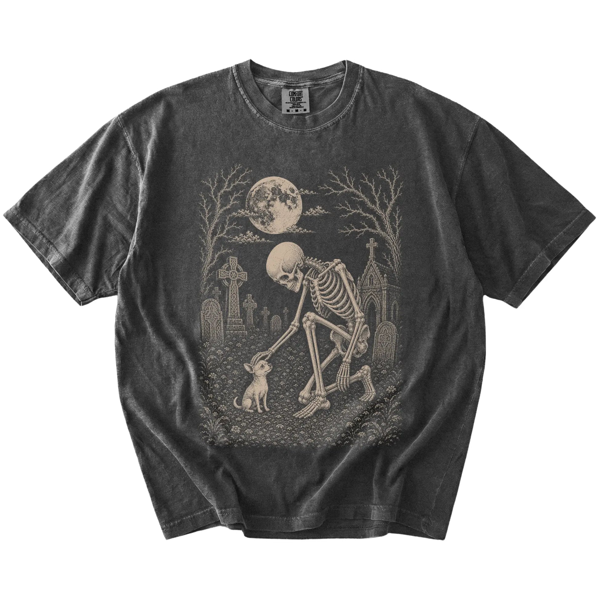 Chihuahua sharing a quiet cemetery moment with a friendly skeleton on a Pepper Comfort Colors® T-shirt