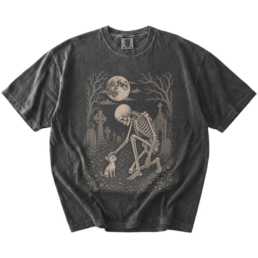 Chihuahua sharing a quiet cemetery moment with a friendly skeleton on a Pepper Comfort Colors® T-shirt