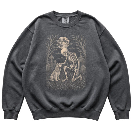 Skeleton petting a Cocker Spaniel in a graveyard on a Pepper sweatshirt