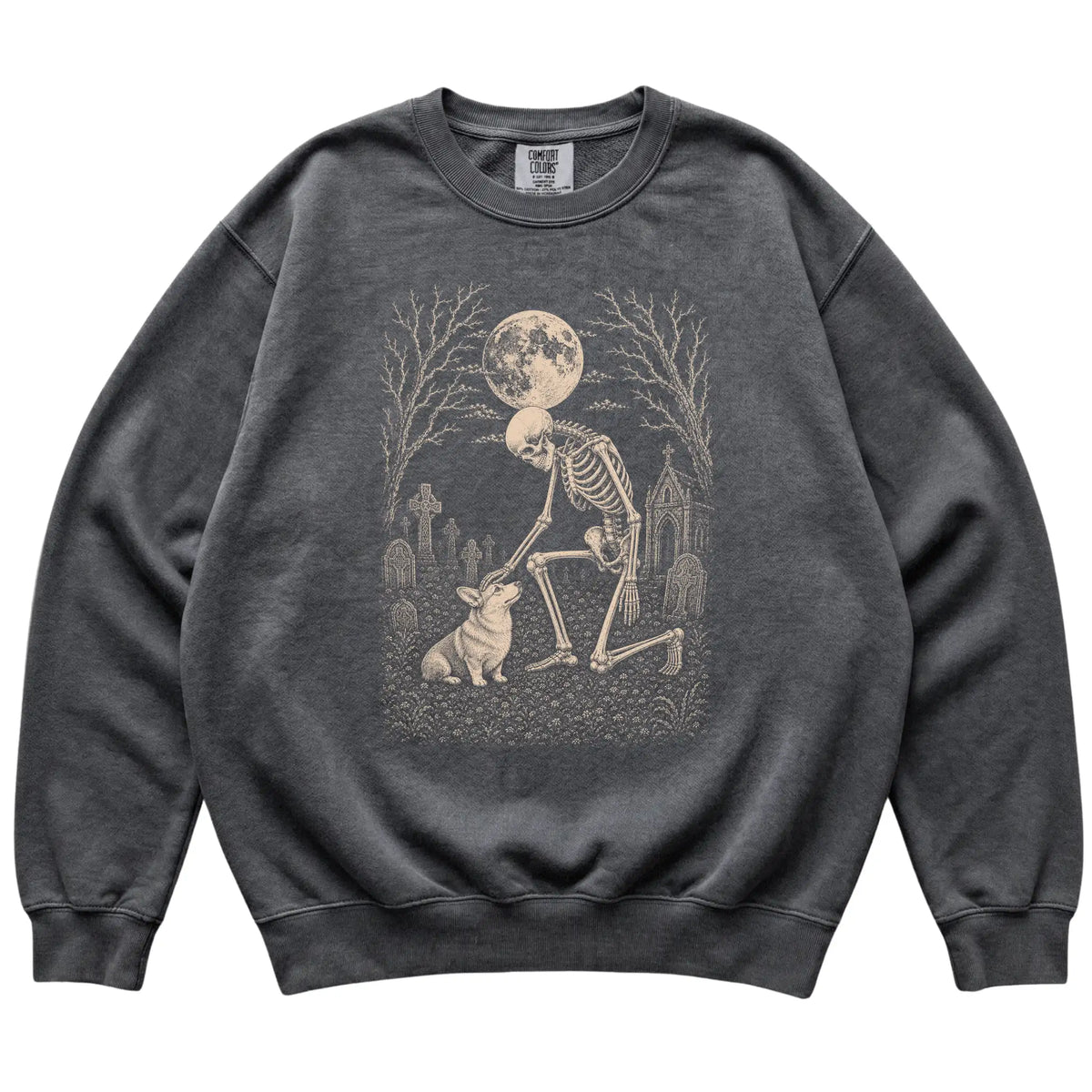 Skeleton petting a Corgi in a graveyard on a Pepper sweatshirt