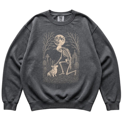 Skeleton petting a Corgi in a graveyard on a Pepper sweatshirt