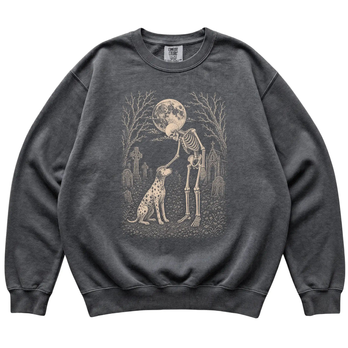 Skeleton petting a Dalmatian in a graveyard on a Pepper sweatshirt