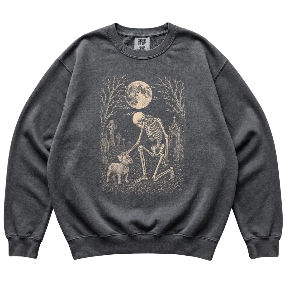 Skeleton petting a French Bulldog in a graveyard on a Pepper sweatshirt