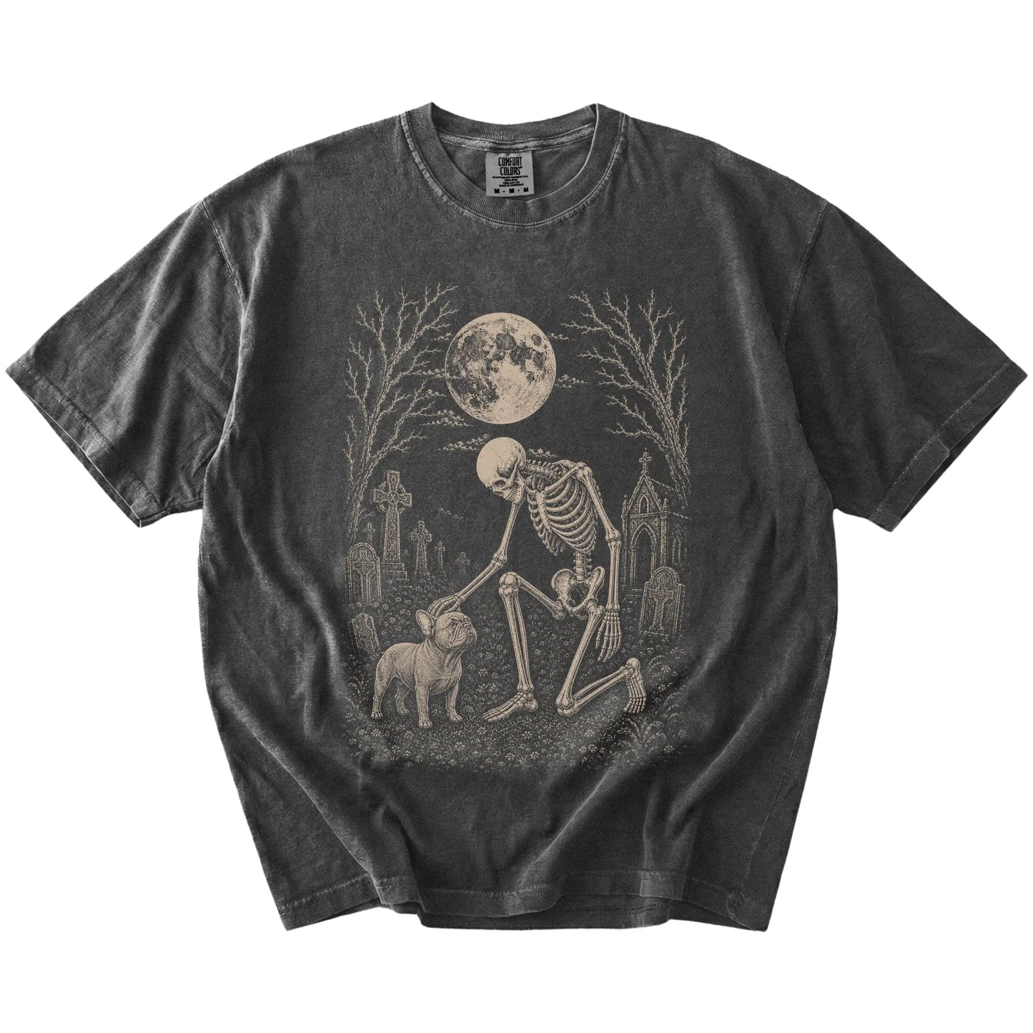 French Bulldog sharing a quiet cemetery moment with a friendly skeleton on a Pepper Comfort Colors® T-shirt