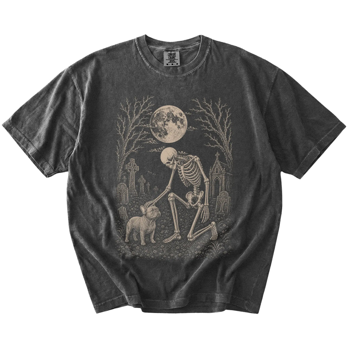 French Bulldog sharing a quiet cemetery moment with a friendly skeleton on a Pepper Comfort Colors® T-shirt