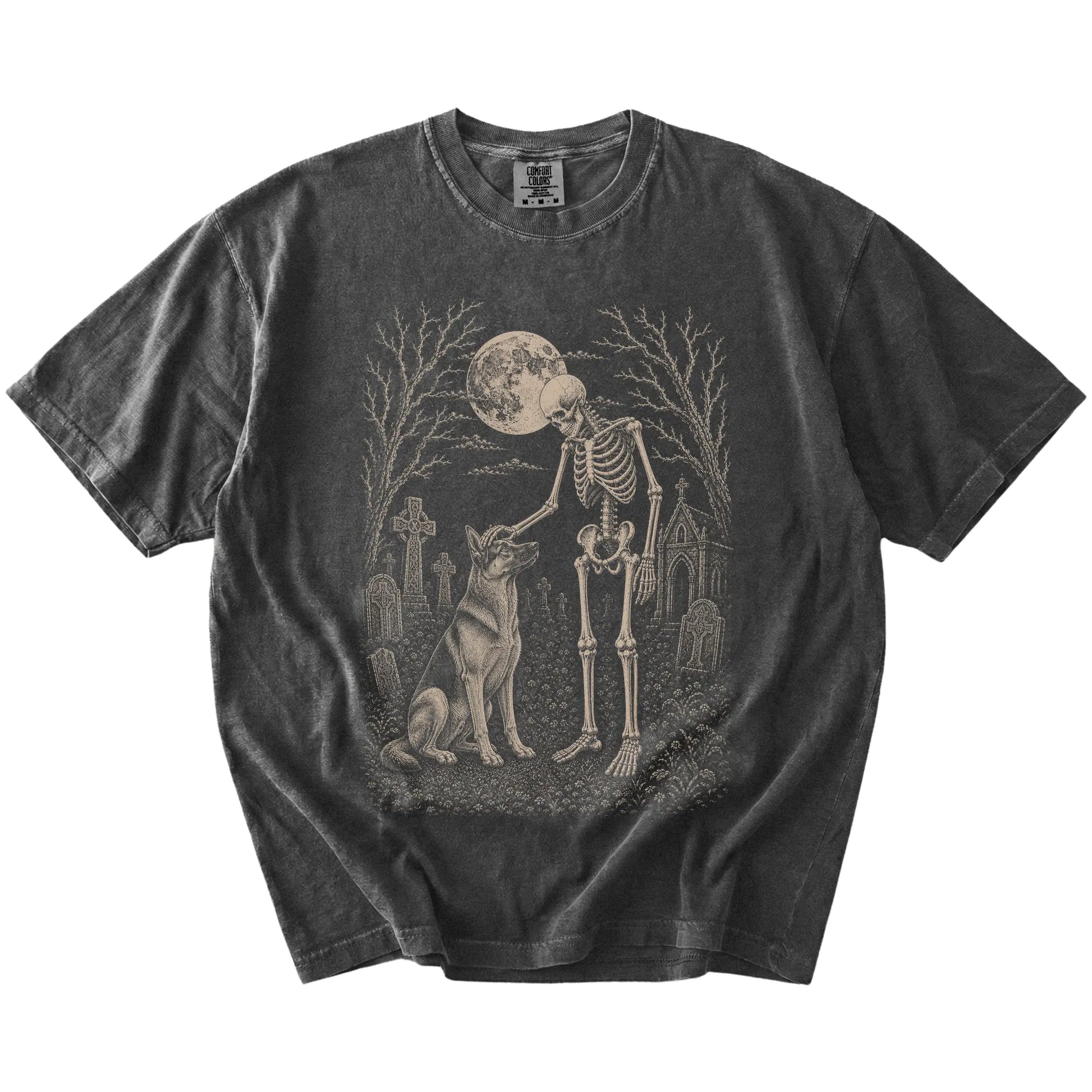 German Shepherd sharing a quiet cemetery moment with a friendly skeleton on a Pepper Comfort Colors® T-shirt
