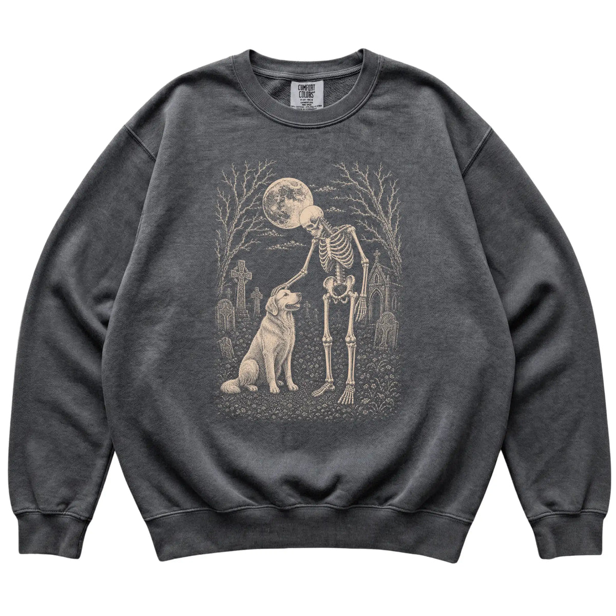 Skeleton petting a Golden Retriever in a graveyard on a Pepper sweatshirt