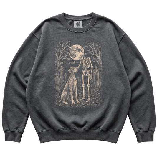 Skeleton petting a Great Dane in a graveyard on a Pepper sweatshirt