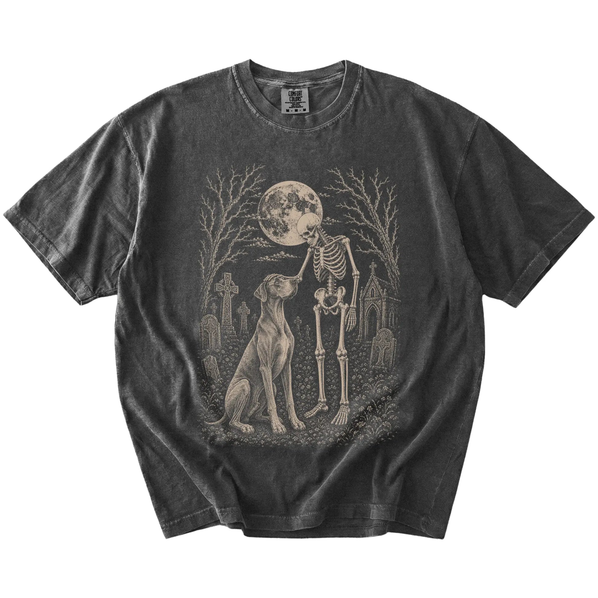 Great Dane sharing a quiet cemetery moment with a friendly skeleton on a Pepper Comfort Colors® T-shirt