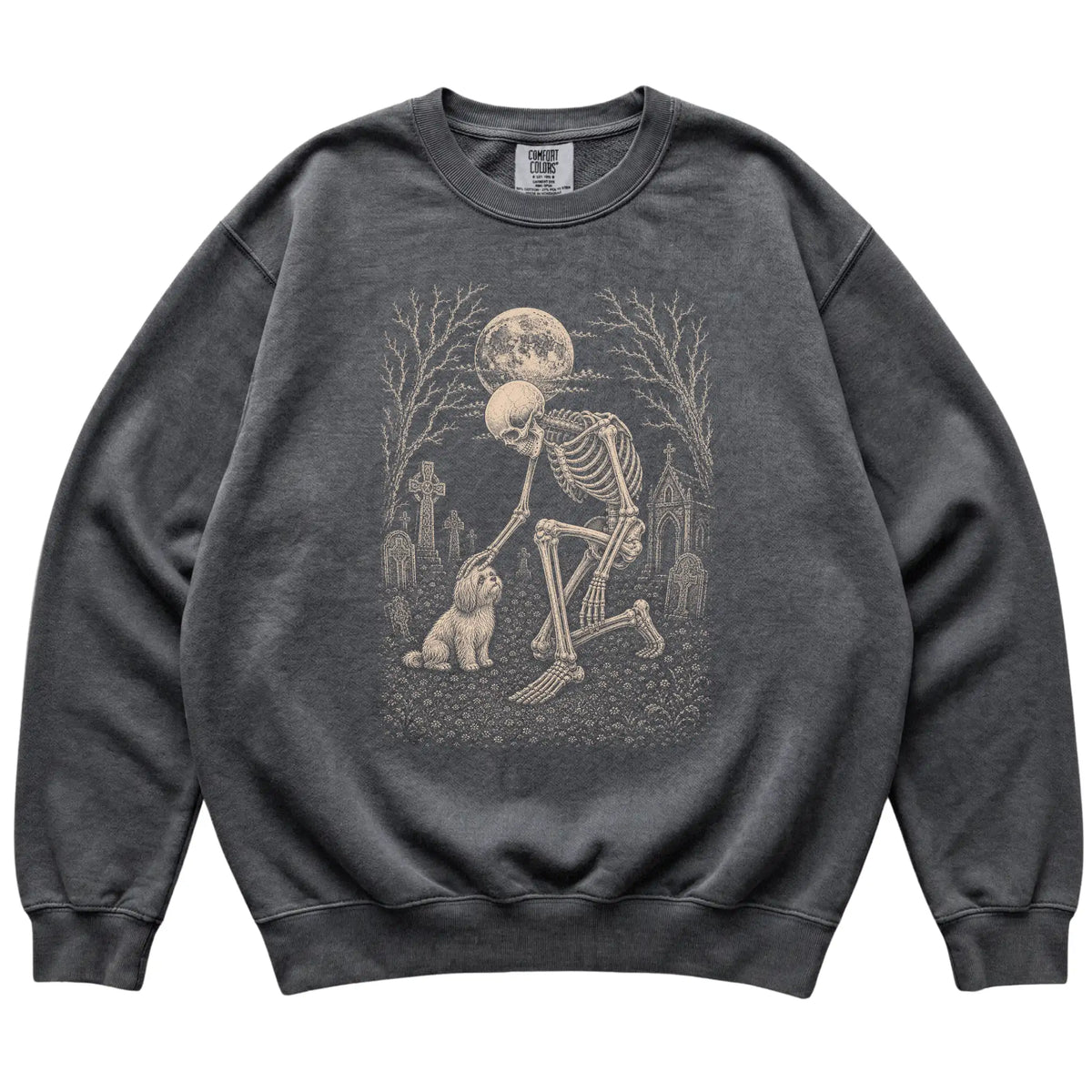 Skeleton petting a Havanese in a graveyard on a Pepper sweatshirt
