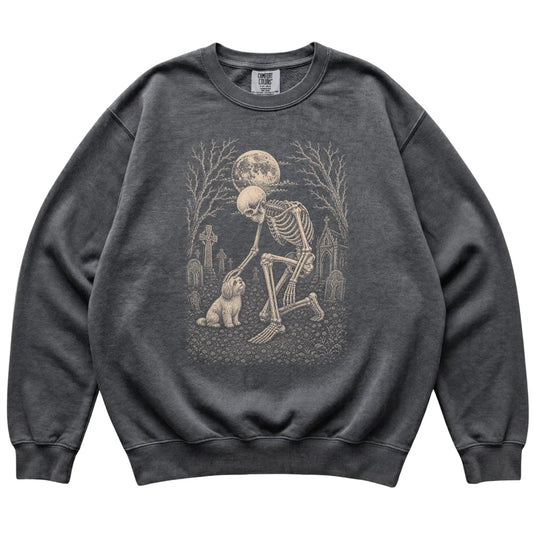Skeleton petting a Havanese in a graveyard on a Pepper sweatshirt