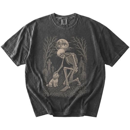 Havanese sharing a quiet cemetery moment with a friendly skeleton on a Pepper Comfort Colors® T-shirt
