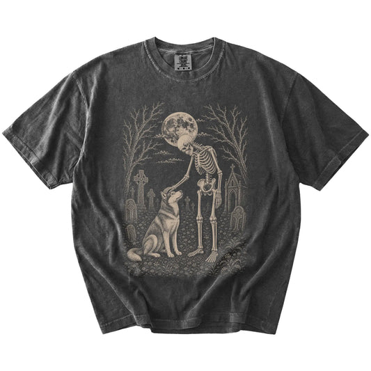 Husky sharing a quiet cemetery moment with a friendly skeleton on a Pepper Comfort Colors® T-shirt
