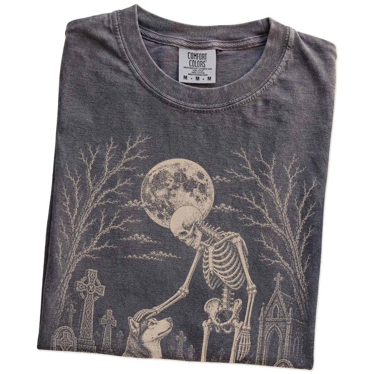 Folded Pepper Comfort Colors® T-shirt showing Husky sharing a quiet cemetery moment with a friendly skeleton