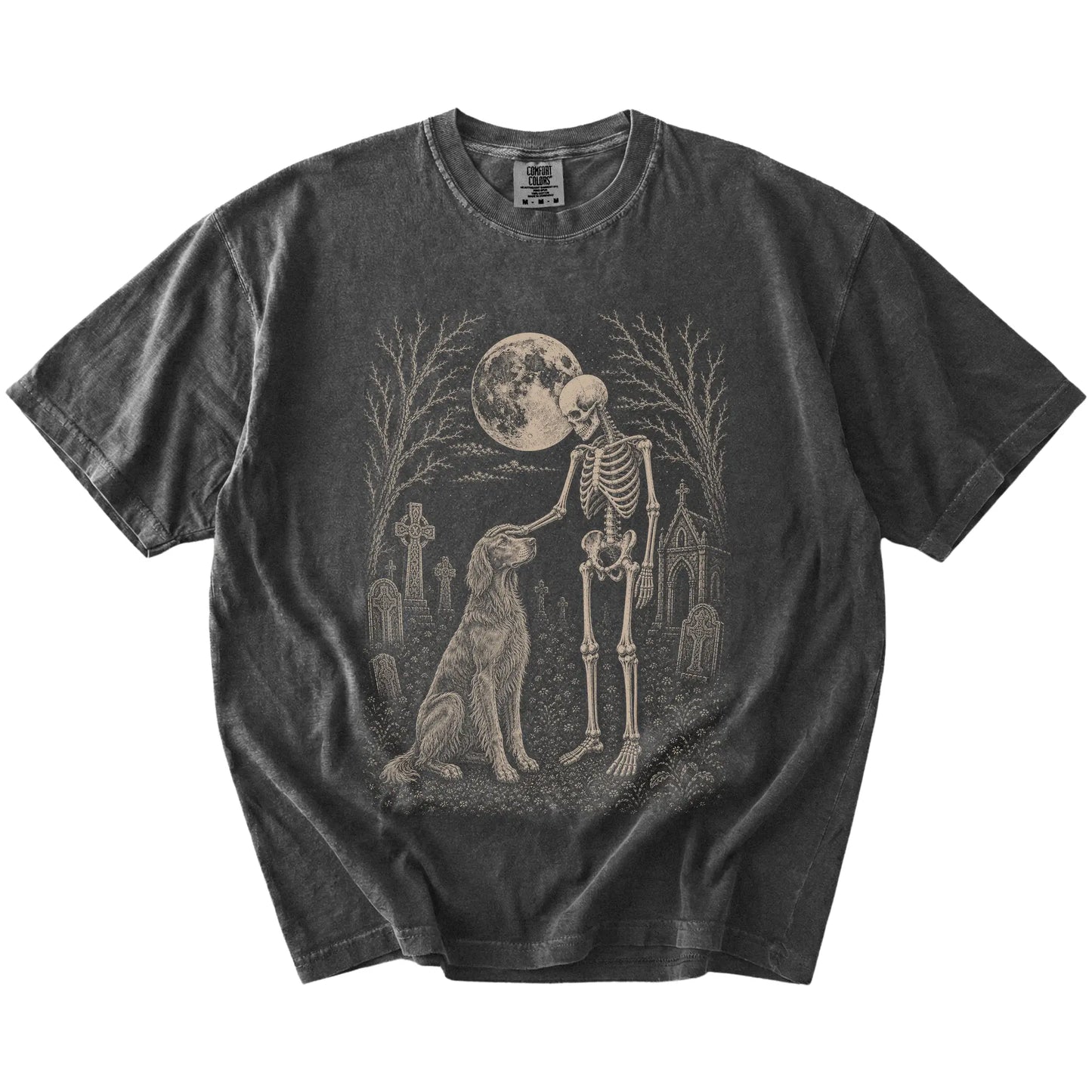 Irish Setter sharing a quiet cemetery moment with a friendly skeleton on a Pepper Comfort Colors® T-shirt