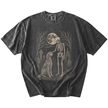 Irish Setter sharing a quiet cemetery moment with a friendly skeleton on a Pepper Comfort Colors® T-shirt